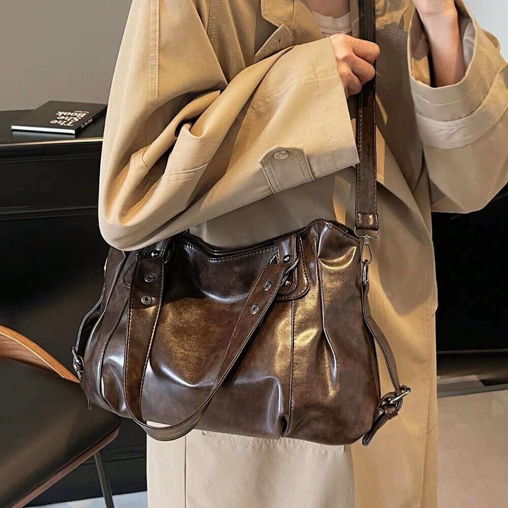 Coffee Brown Vintage Women Large Capacity Handbag